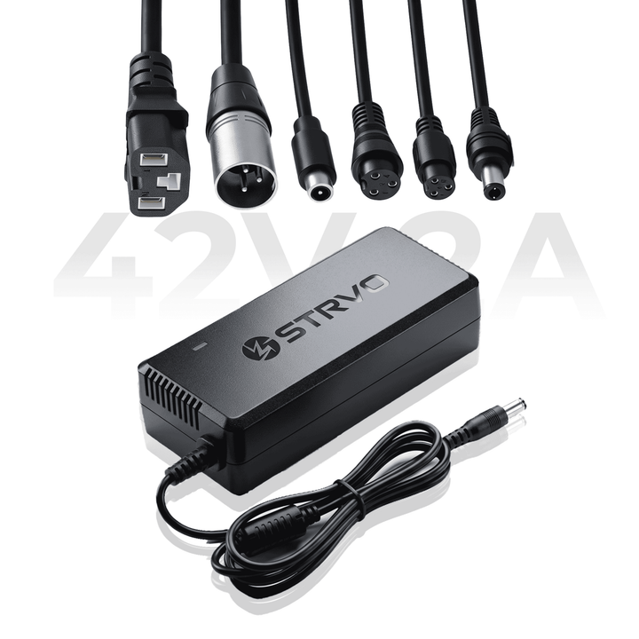 Strvo 42V2A Charger With 6 in 1 Plugs Output heads DC Fast Charger, compatible with various escooter and ebike models, built for 36V batteries