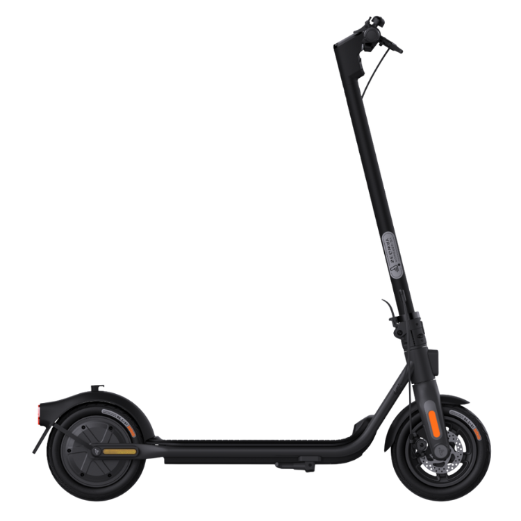 A black Ninebot F2 Kick-Scooter by Segway with its kickstand extended and visible rear-wheel drive system.