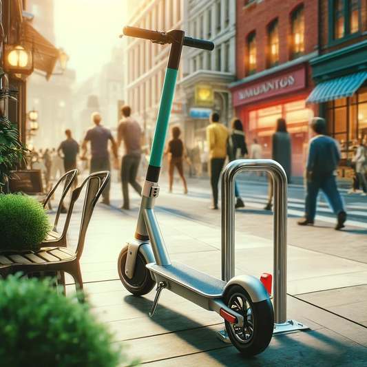 Electric scooter parked beside a metal bike rack on a vibrant city street, showcasing urban commuting and secure parking options.