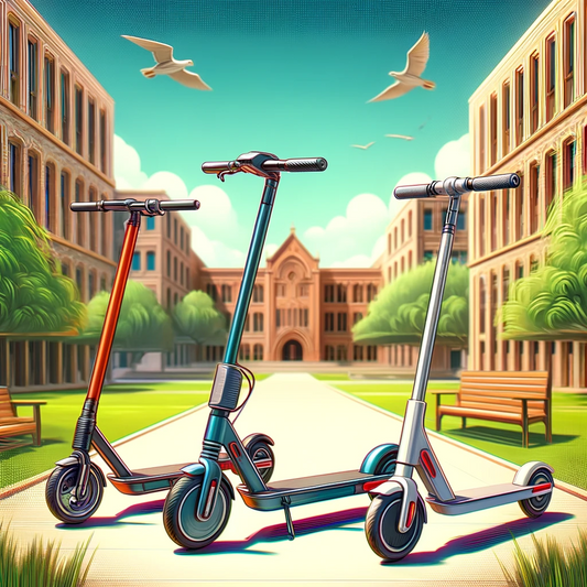 Three electric scooters on university campus, diverse designs for student transportation options, academic buildings and green spaces in background for blog 'What are the 3 Best Scooters for Students?