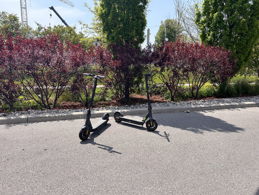 Two Electric Scooters Parked on the Roadside with Greenery in the Background