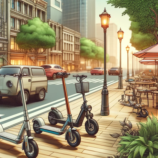 A variety of electric scooters parked along an urban street with trees, street lamps, and a cafe in the background, showcasing different styles and colors suitable for city commuting.