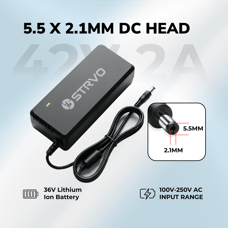 Strvo 42V2A, 5.5 x 2.1mm connector, charger for 36V Lithium Ion Battery Compatible with Kugoo M2 Pro | Hiboy KS4 and S2 Pro | Gotrax GXL V2, G2, G3, G4 | Jetson Bolt, Bolt Pro, Metro, Journey