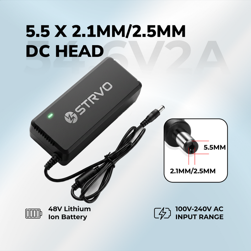Strvo 54.6V Charger Single Connector 5.5 x 2.1mm DC Charger for 48V batteries, compatible with ebikes and escooters and emobility vehicles