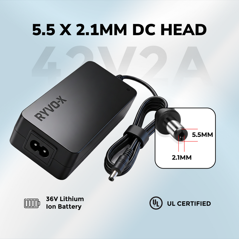 Ryvo-X 54.6V 2A 5.5 x 2.1mm DC Charger for 48V Lithium Ion Battery, UL Certified