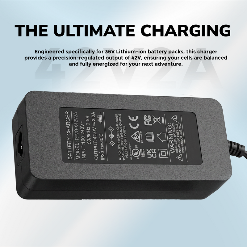 Ryvo-X 42V2A 5.5 x 2.1mm DC Charger for 36V Lithium Ion Battery, UL Certified Compatible with Kugoo M2 Pro | Hiboy KS4 and S2 Pro | Gotrax GXL V2, G2, G3, G4 | Jetson Bolt, Bolt Pro, Metro, Journey
