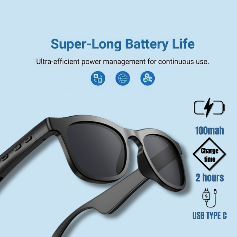 STRVO J-100 Bluetooth Smart Audio Glasses - Lightweight Open-Ear Calling & Music Sunglasses with Touch Controls, Long Battery Life - Black