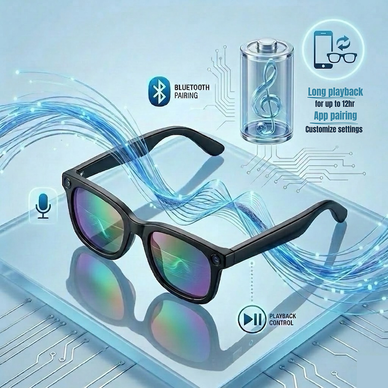 STRVO G-06 2K Ultra HD Camera Smart Glasses with Bluetooth Audio, Photochromic Lenses, AI Assistant, Video Recording & App Control - Black