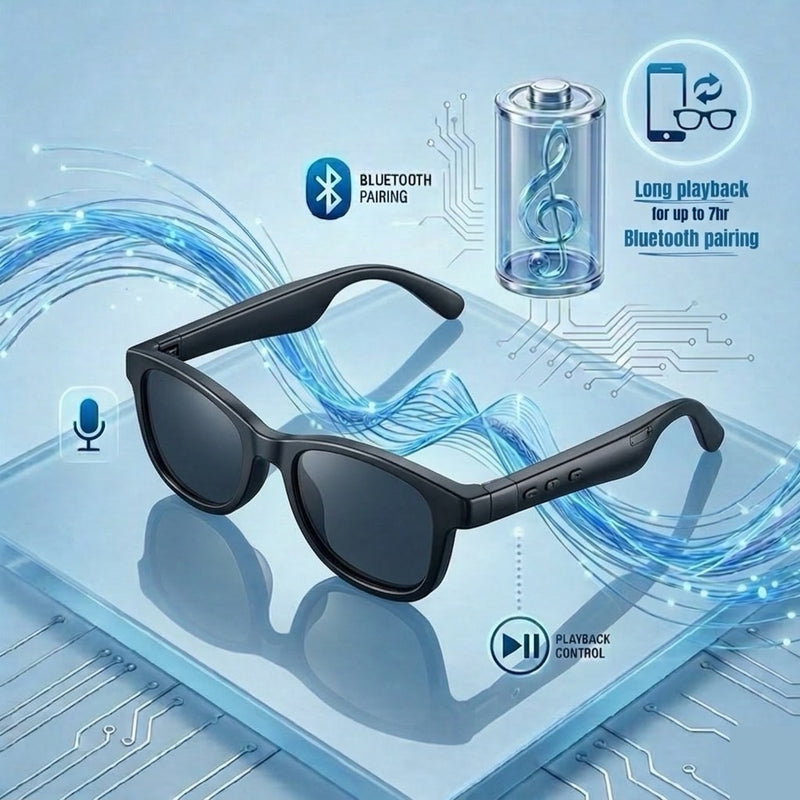 STRVO J-100 Bluetooth Smart Audio Glasses - Lightweight Open-Ear Calling & Music Sunglasses with Touch Controls, Long Battery Life - Black