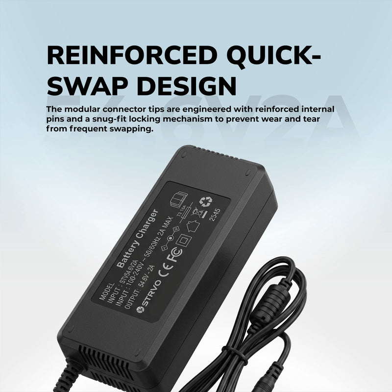 Strvo 54.6V2A Multi Charger With 6 in 1 Plugs Output heads DC Fast Charger for 48V batteries, compatible with ebikes and escooters and emobility vehicles
