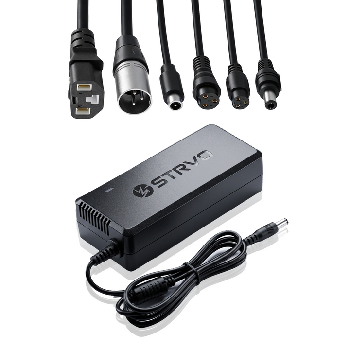 Strvo 54.6V2A Multi Charger With 6 in 1 Plugs Output heads DC Fast Charger for 48V batteries, compatible with ebikes and escooters and emobility vehicles